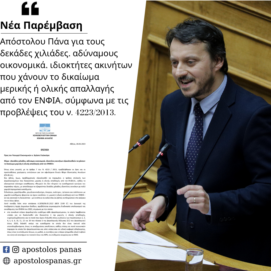 ΑΠ. ΠΑΝΑΣ : «ΟΙΚΟΝΟΜΙΚΑ ΑΔΥΝΑΜΟΙ ΙΔΙΟΚΤΗΤΕΣ ΑΚΙΝΗΤΩΝ ΧΑΝΟΥΝ ΤΟ ΔΙΚΑΙΩΜΑ ΑΠΑΛΛΑΓΗΣ ΑΠΟ ΤΟΝ ΕΝΦΙΑ» ΑΠ. ΠΑΝΑΣ : «ΟΙΚΟΝΟΜΙΚΑ ΑΔΥΝΑΜΟΙ ΙΔΙΟΚΤΗΤΕΣ ΑΚΙΝΗΤΩΝ ΧΑΝΟΥΝ ΤΟ ΔΙΚΑΙΩΜΑ ΑΠΑΛΛΑΓΗΣ ΑΠΟ ΤΟΝ ΕΝΦΙΑ»