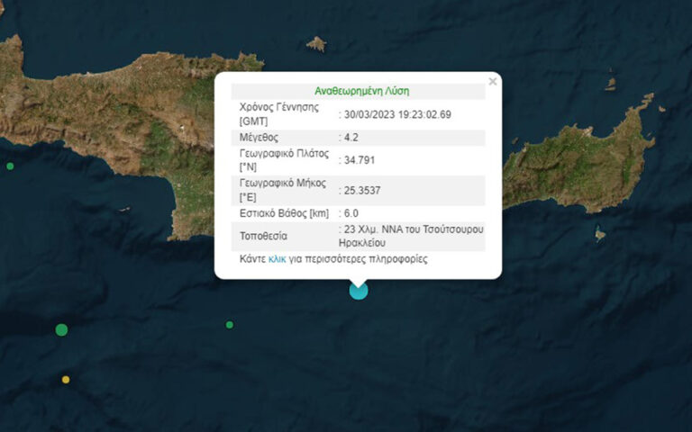 Σεισμός 4,2 Ρίχτερ νότια του Ηρακλείου Κρήτης