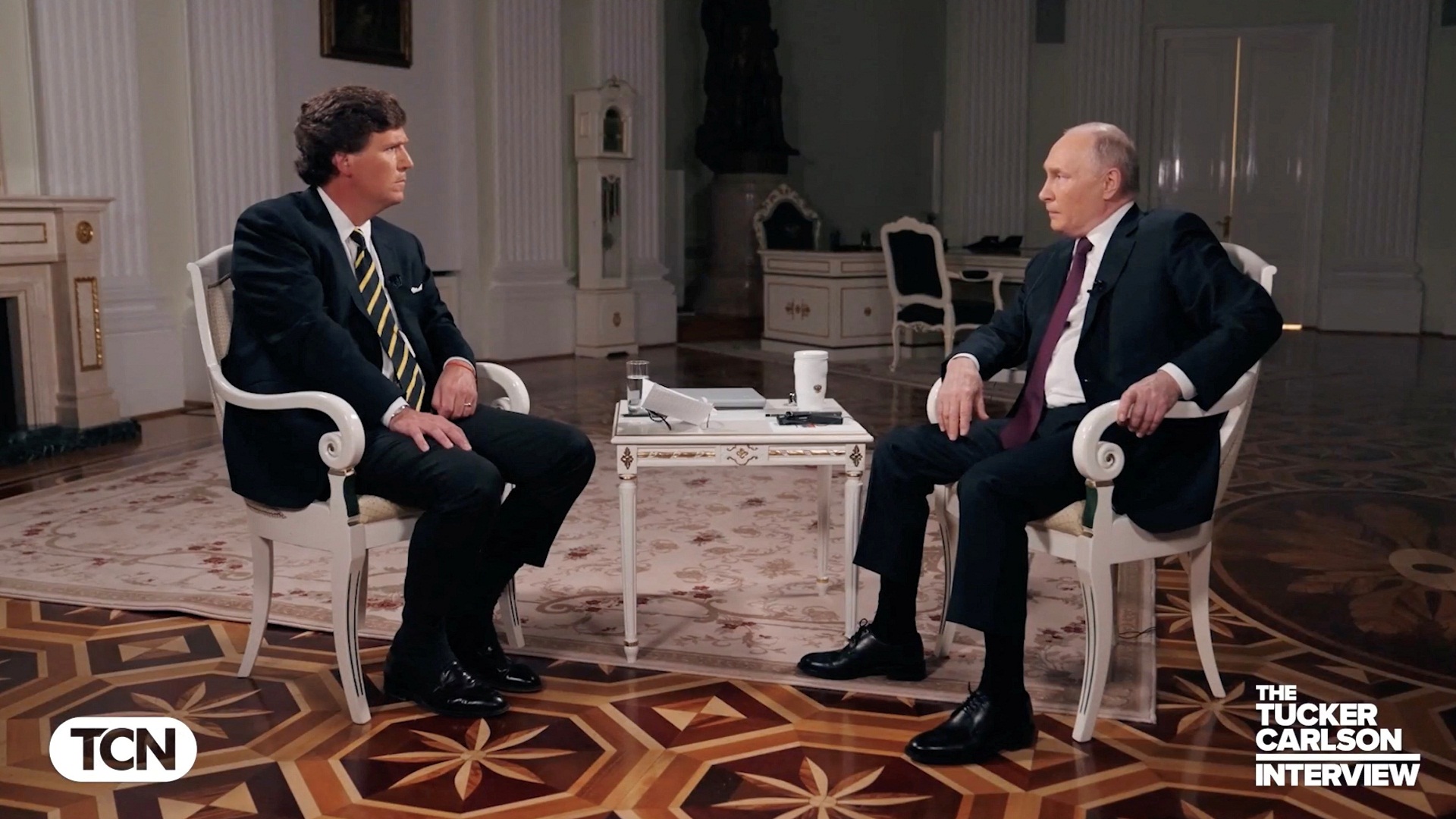 Russian President Vladimir Putin speaks during an interview with U.S. television host Tucker Carlson, in Moscow