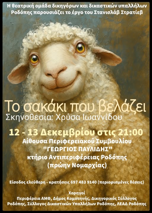 Κομοτηνή: “Το σακάκι που βελάζει” του Στρατίεβ, από τη θεατρική ομάδα δικηγόρων και δικαστικών υπαλλήλων Ροδόπης Κομοτηνή: “Το σακάκι που βελάζει” του Στρατίεβ, από τη θεατρική ομάδα δικηγόρων και δικαστικών υπαλλήλων Ροδόπης