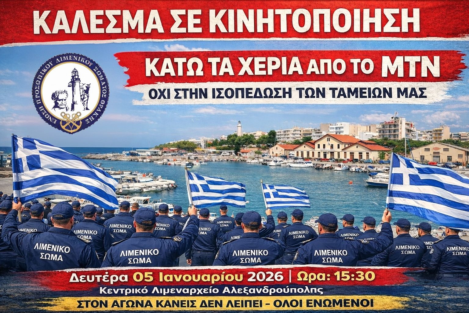 Κάλεσμα για Συγκέντρωση Διαμαρτυρίας στο Λιμεναρχείο Αλεξανδρούπολης από τους Λιμενικούς Θράκης Κάλεσμα για Συγκέντρωση Διαμαρτυρίας στο Λιμεναρχείο Αλεξανδρούπολης από τους Λιμενικούς Θράκης