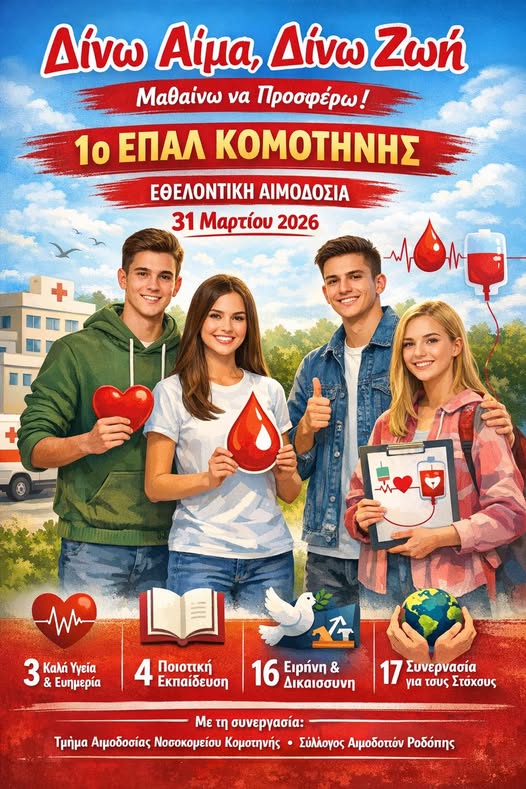 Εθελοντική Αιμοδοσία στο 1ο ΕΠΑΛ Κομοτηνής: “Δίνω Αίμα, Δίνω Ζωή- Μαθαίνω και Προσφέρω!”