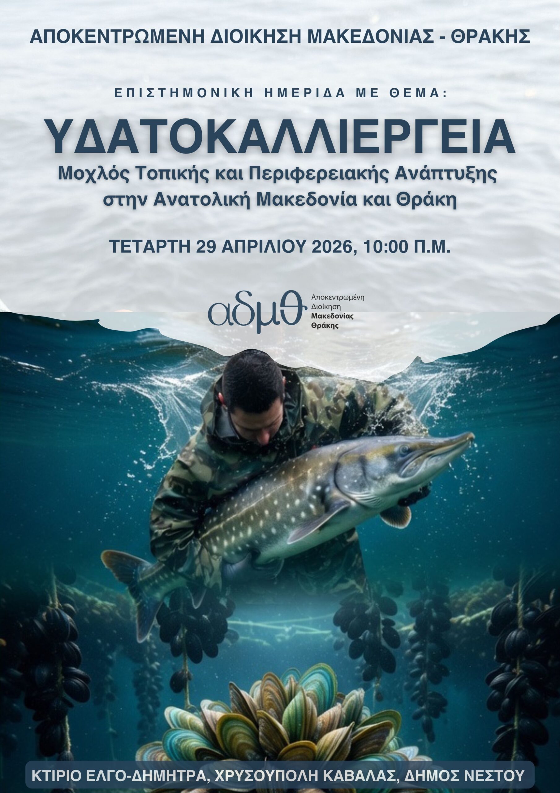 ΠΑΜΘ: Διοργάνωση Επιστημονικής Ημερίδας με θέμα «Υδατοκαλλιέργεια – Μοχλός Τοπικής και Περιφ. Ανάπτυξης στην ΑΜΘ» στη Χρυσούπολη Δήμου Νέστου