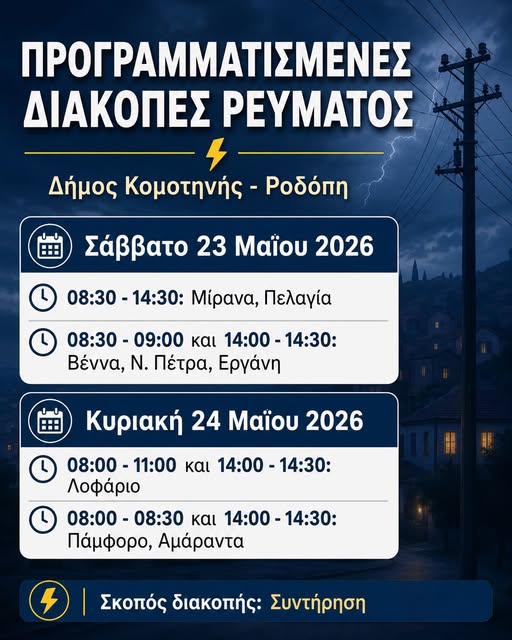 Προγραμματισμένες διακοπές ρεύματος σε οικισμούς του Δήμου Κομοτηνής στις 23 και 24 Μαΐου Προγραμματισμένες διακοπές ρεύματος σε οικισμούς του Δήμου Κομοτηνής στις 23 και 24 Μαΐου