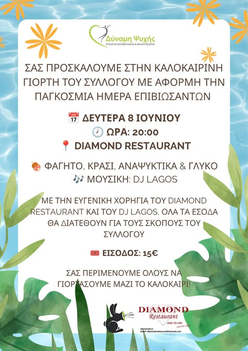 Καλοκαιρινή Γιορτή από το Σύλλογο Καρκινοπαθών και Φίλων Ροδόπης “Δύναμη Ψυχής”, με αφορμή την Παγκόσμια Ημέρα Επιβιωσάντων Καλοκαιρινή Γιορτή από το Σύλλογο Καρκινοπαθών και Φίλων Ροδόπης “Δύναμη Ψυχής”, με αφορμή την Παγκόσμια Ημέρα Επιβιωσάντων