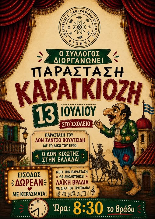 Διώνη Ροδόπης: Παράσταση Καραγκιόζη με το έργο του Δον Σάντσο Βουλτσίδη “Ο Δον Κιχώτης στη Ελλάδα” Διώνη Ροδόπης: Παράσταση Καραγκιόζη με το έργο του Δον Σάντσο Βουλτσίδη “Ο Δον Κιχώτης στη Ελλάδα”