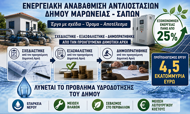 Ντίνος Χαριτόπουλος : «Ολοκληρώθηκε το έργο ύδρευσης που σχεδιάστηκε και δημοπρατήθηκε το έτος 2023 από την προηγούμενη δημοτική αρχή και σήμερα λύνει σε πολύ μεγάλο βαθμό το πρόβλημα της ύδρευσης του δήμου Μαρωνείας –Σαπών» Ντίνος Χαριτόπουλος : «Ολοκληρώθηκε το έργο ύδρευσης που σχεδιάστηκε και δημοπρατήθηκε το έτος 2023 από την προηγούμενη δημοτική αρχή και σήμερα λύνει σε πολύ μεγάλο βαθμό το πρόβλημα της ύδρευσης του δήμου Μαρωνείας –Σαπών»