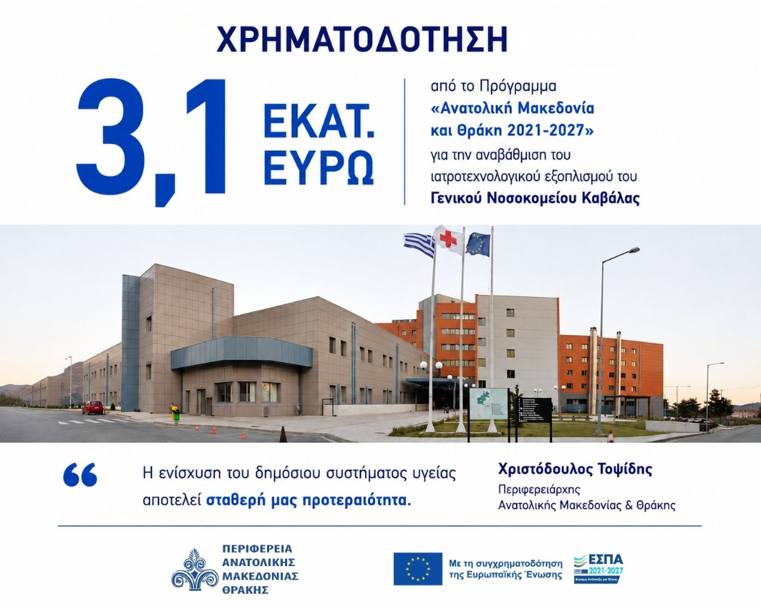 3,1 εκατ. ευρώ από το Πρόγραμμα «Ανατολική Μακεδονία και Θράκη 2021-2027» για την αναβάθμιση του ιατροτεχνολογικού εξοπλισμού του Γενικού Νοσοκομείου Καβάλας 3,1 εκατ. ευρώ από το Πρόγραμμα «Ανατολική Μακεδονία και Θράκη 2021-2027» για την αναβάθμιση του ιατροτεχνολογικού εξοπλισμού του Γενικού Νοσοκομείου Καβάλας