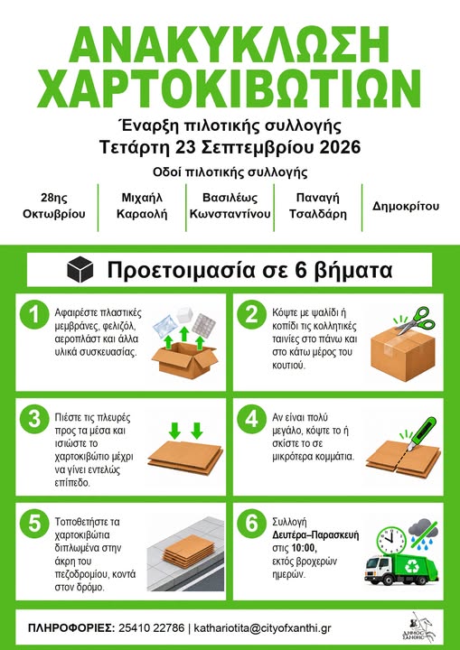 Δήμος Ξάνθης: Πιλοτική λειτουργία ανακύκλωσης χαρτοκιβωτίων από τις 23 Σεπτεμβρίου